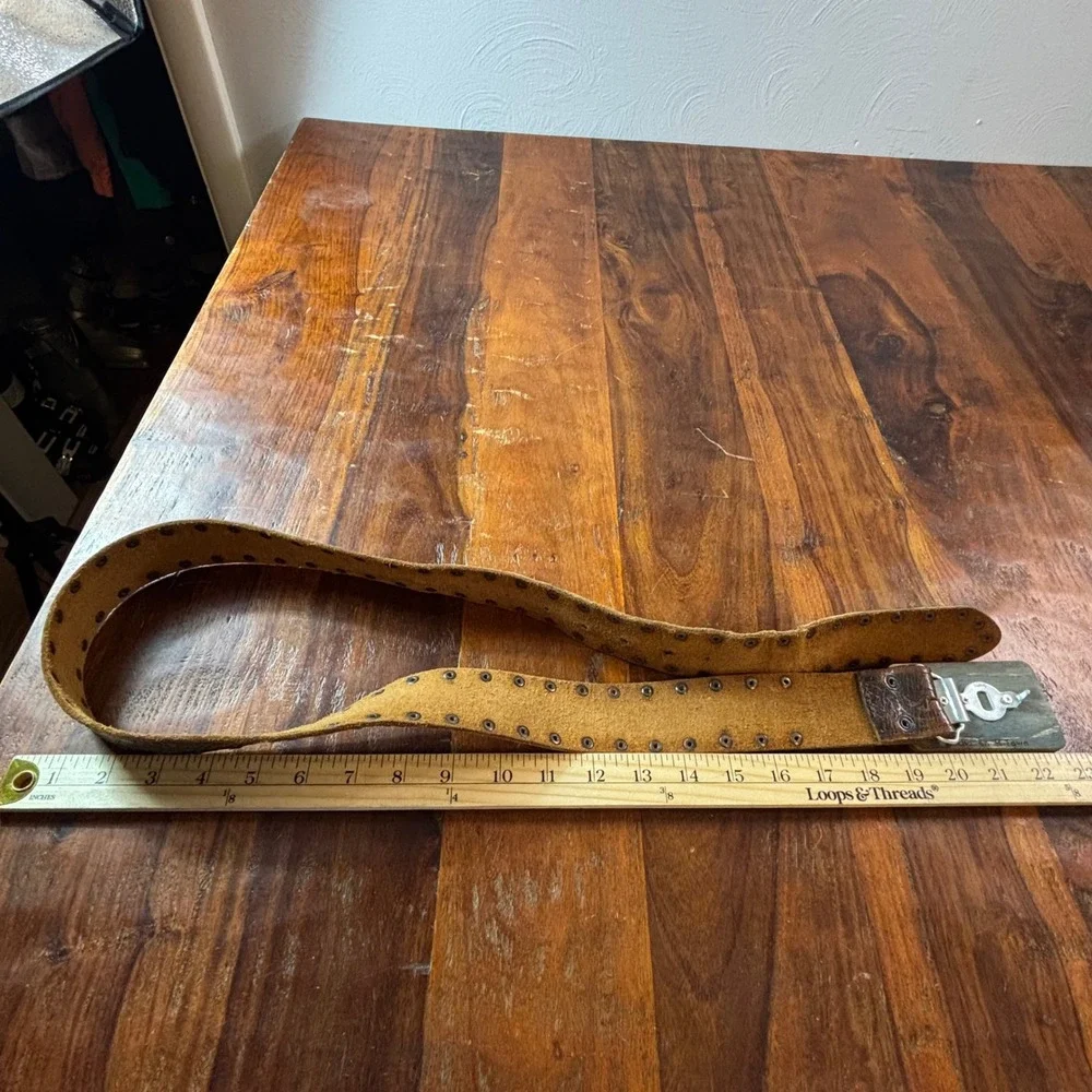 Hollister Mens Brown Studded Leather Belt Wood Houndstooth‎ Buckle Medium Boho